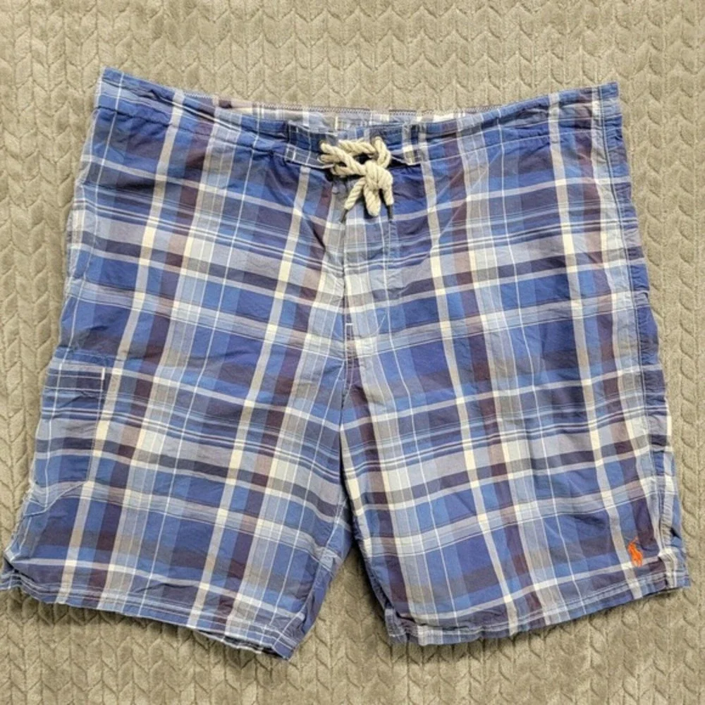 Polo Ralph Lauren Board Shorts Swim Trunks Size 38 Plaid Blue White /Orange Pony